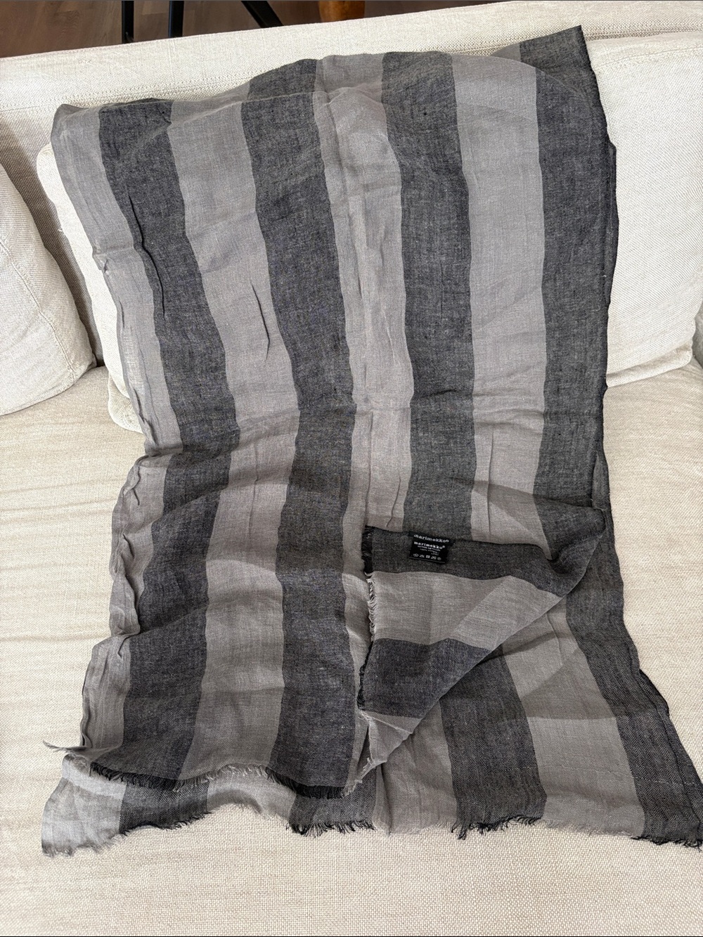 Marimekko 100% Linen Black & Gray Striped Scarf—Like New Cond!  Lagenlook—Great!